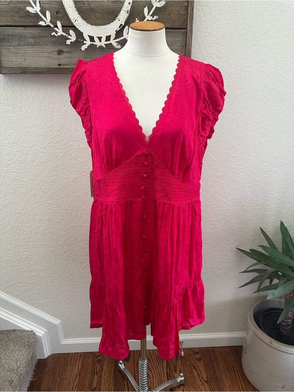 Anthropologie Peregrine‎ Satin Bright Fuchsia Button-Front babydoll Dress XL NWT
